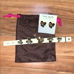 14k gold kate spade earrings and leather bracelet